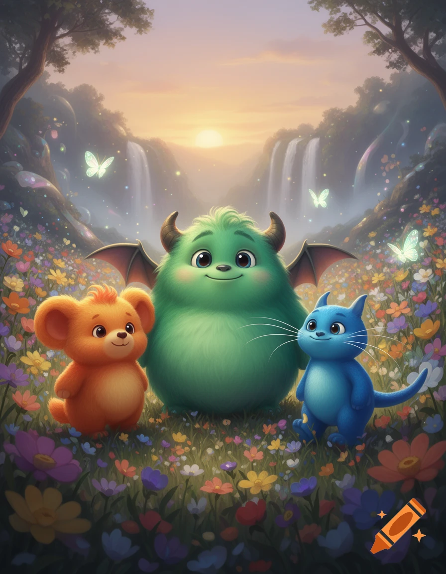 An orange bear, a green horned monster with wings, and a blue cat stand in a field of colorful flowers with waterfalls and a sunset.