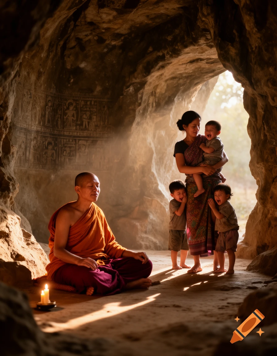A monk meditates in a sunlit cave as a mother holds one crying toddler while two others stand nearby, also crying.