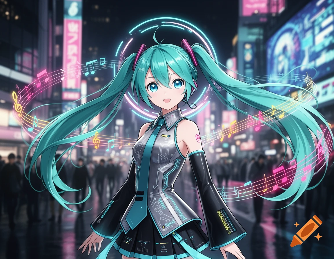 An anime girl with long turquoise pigtails, Hatsune Miku, smiles in a futuristic city street at night with neon lights and glowing musical notes around her. She wears a grey and black outfit with circuit board patterns.