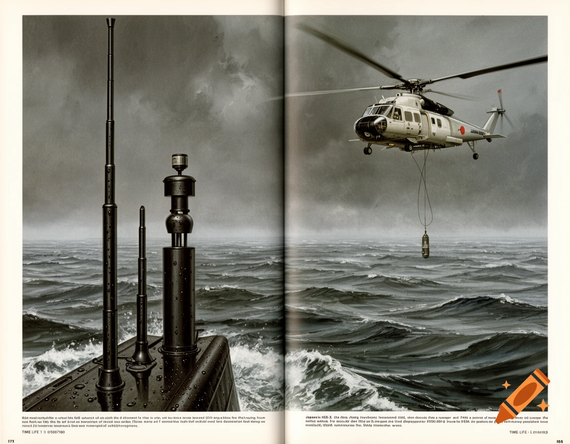 1970s Time-Life book illustration of a submarine periscope and ESM antenna mast breaking the stormy ocean surface with a Japanese HSS-3 helicopter lowering a sonar cable overhead.
