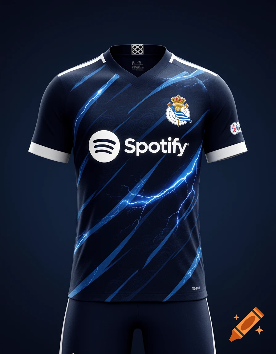 A dark navy blue football jersey with a white Spotify logo, Real Sociedad crest, and blue lightning bolt design, with white accents.