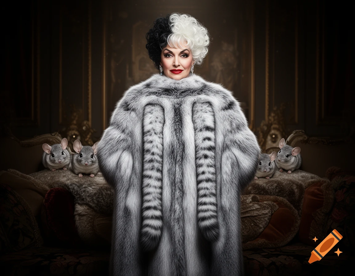 Photorealistic portrait of Cruella de Vil with black and white hair and red lipstick, wearing a luxurious gray fur coat. Four chinchillas peek from behind a sofa.