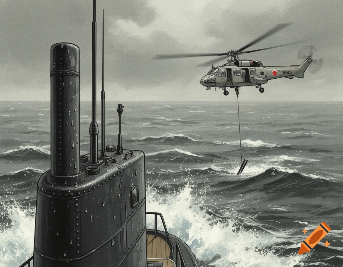 Gouache illustration of a submarine's mast in choppy seas, with a Japanese HSS-3 helicopter hovering overhead, lowering a sonar cable.