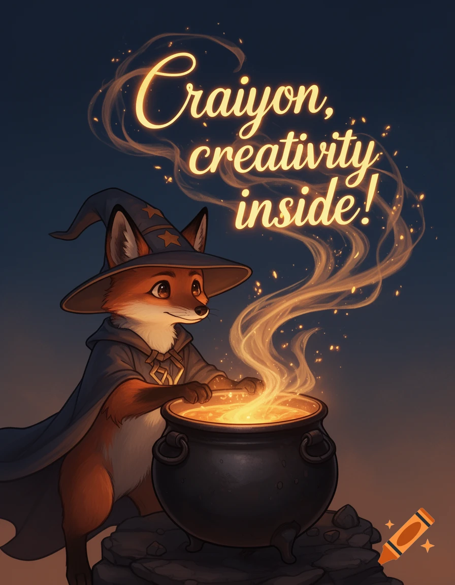 A cute fox wizard in a hat and cape stirs a glowing cauldron, with smoke forming 'Craiyon, creativity inside!' text.
