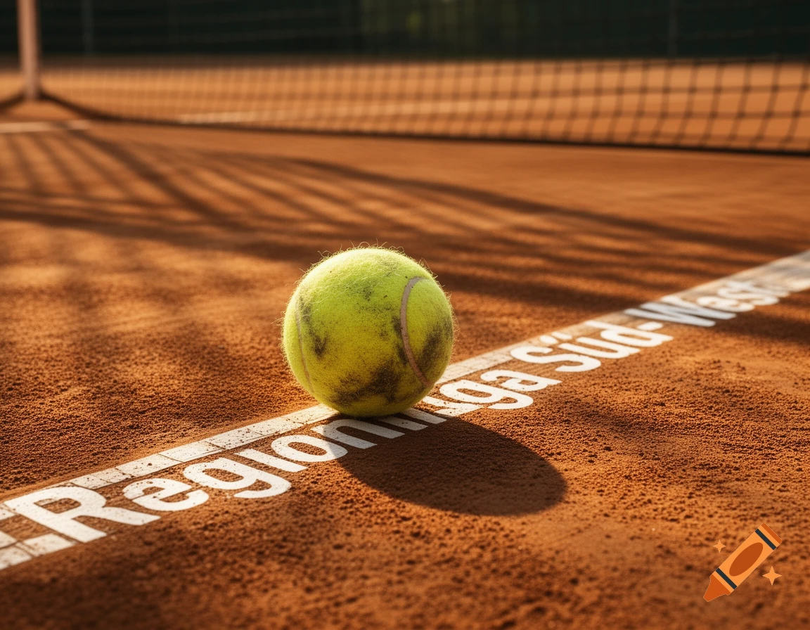 A tennis ball rests on the white line of a clay tennis court, with the text "Regionalliga S üd-West" visible on the line.