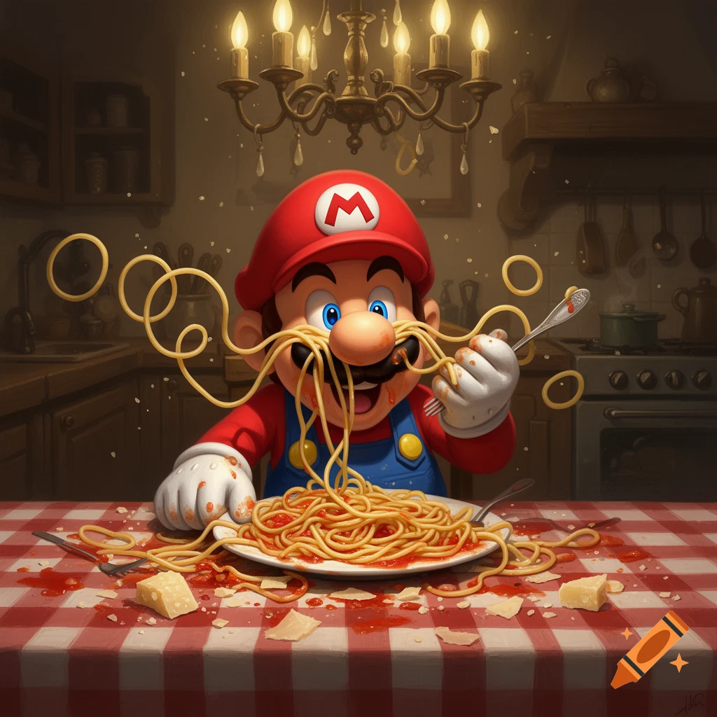 Mario messily slurps spaghetti, with noodles forming his mustache, at a red checkered table in a dimly lit kitchen.