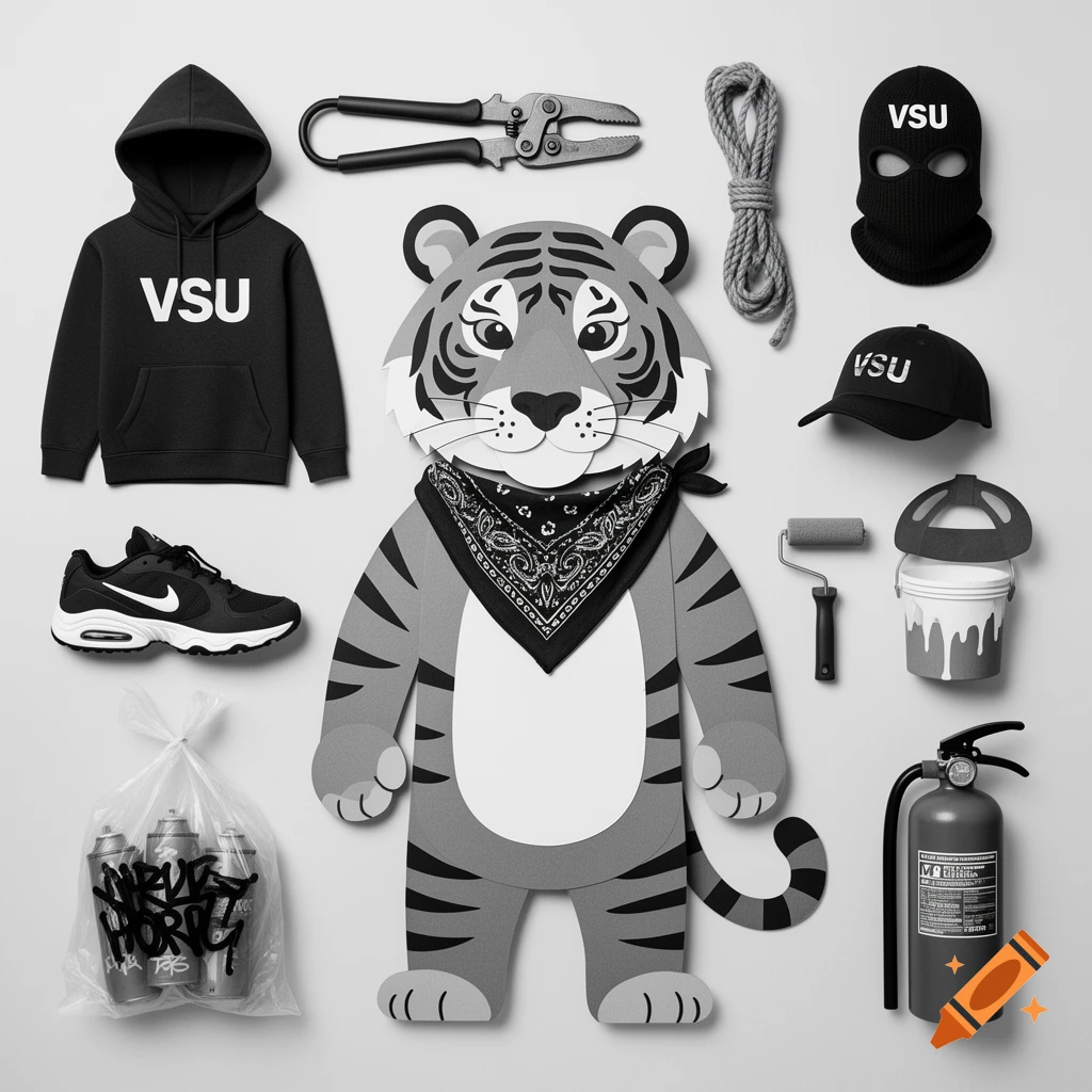 A black-and-white flat lay features a cartoon paper cutout tiger surrounded by clothing and accessories including a VSU hoodie, balaclava, cap, Nike sneakers, bolt cutters, graffiti cans, and a fire extinguisher.
