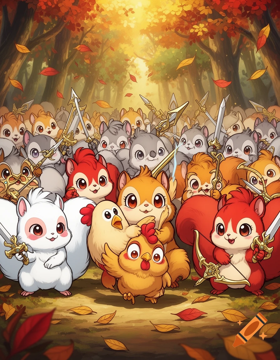 An army of adorable anime squirrels, some holding weapons, with chickens in an autumn forest.