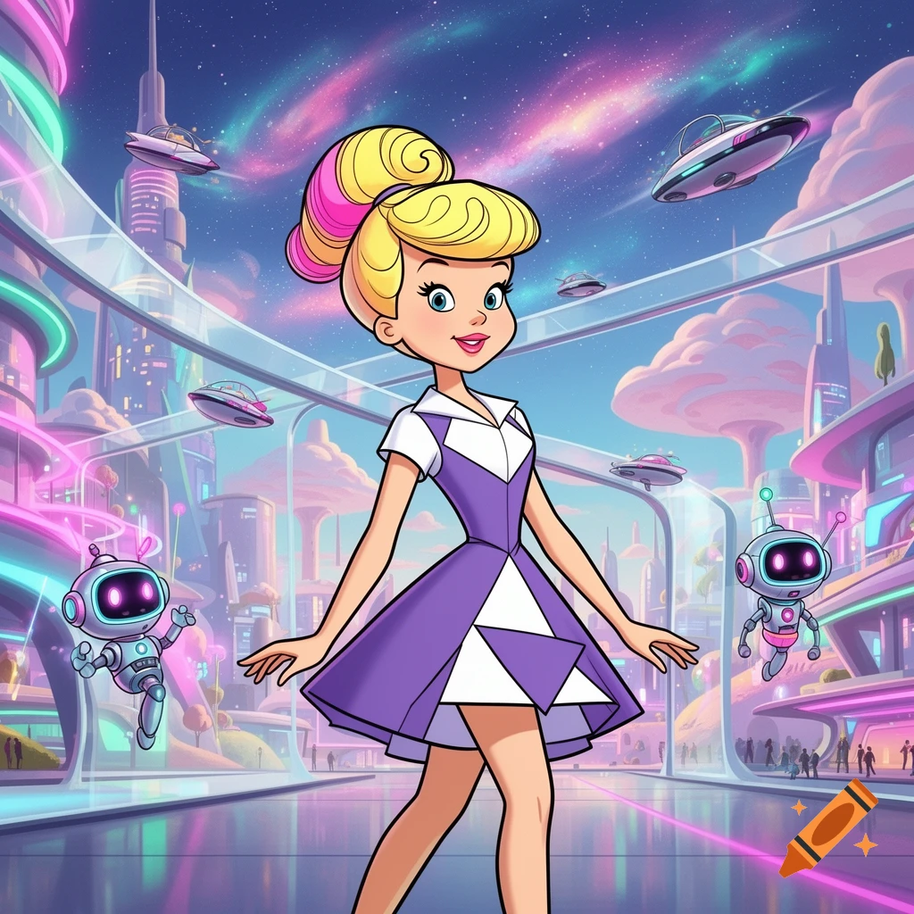 A cartoon girl in a purple dress resembling Judy Jetson walks through a vibrant, neon-lit futuristic city with flying saucers and robots.