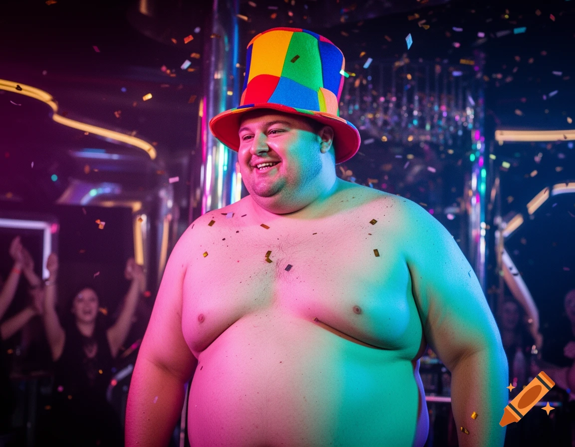 An obese man wearing a colorful party hat smiles amidst falling confetti in a dimly lit club.