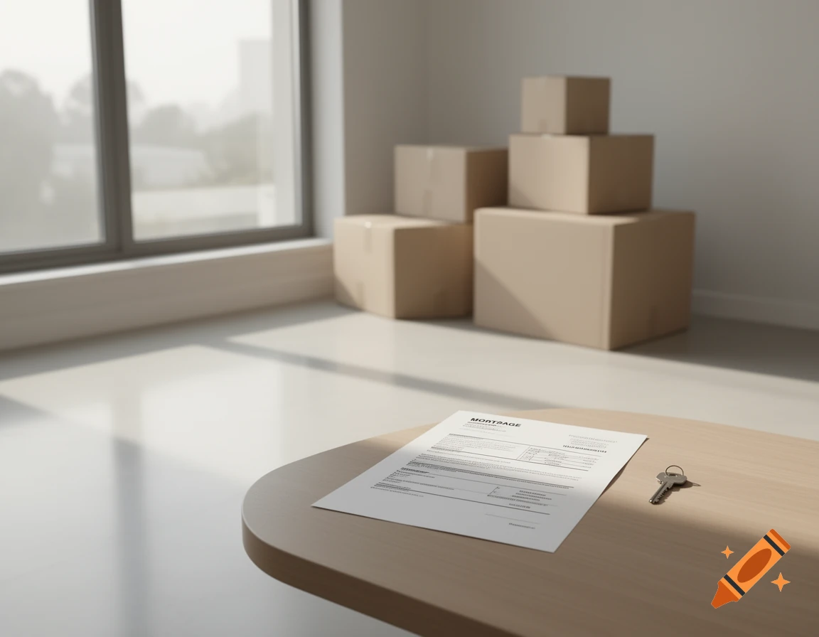 A photorealistic image of a modern home interior with moving boxes, a mortgage document, and a house key on a light wood table.