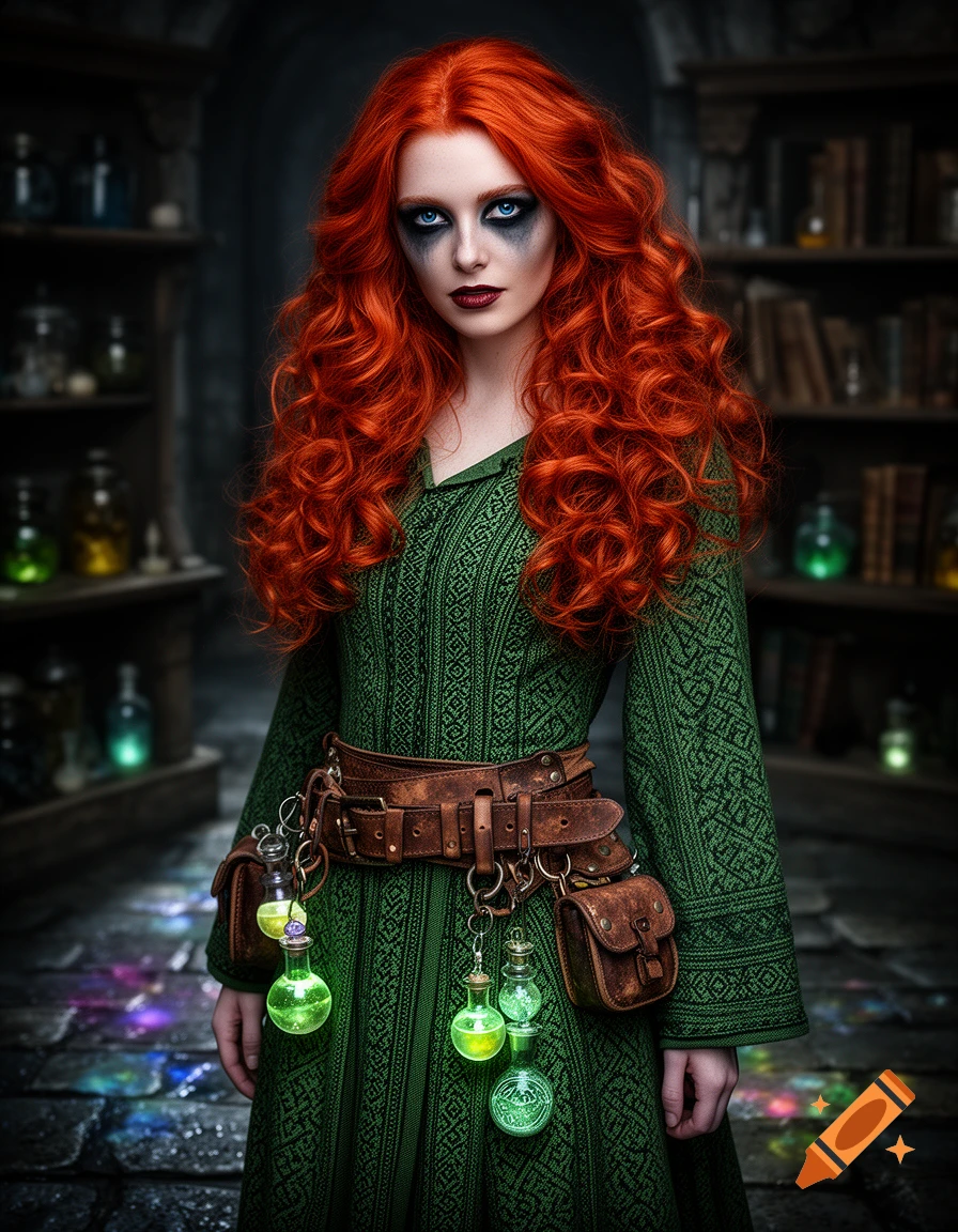 A photorealistic depiction of a red-haired woman with goth makeup, wearing a green witch's dress and a leather belt with glowing potion flasks.