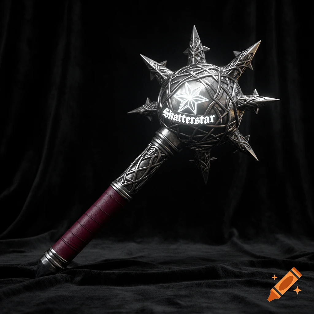 A detailed, photorealistic mace with a spiked, ornate silver head featuring "Shatterstar" text, and a red leather-wrapped handle.