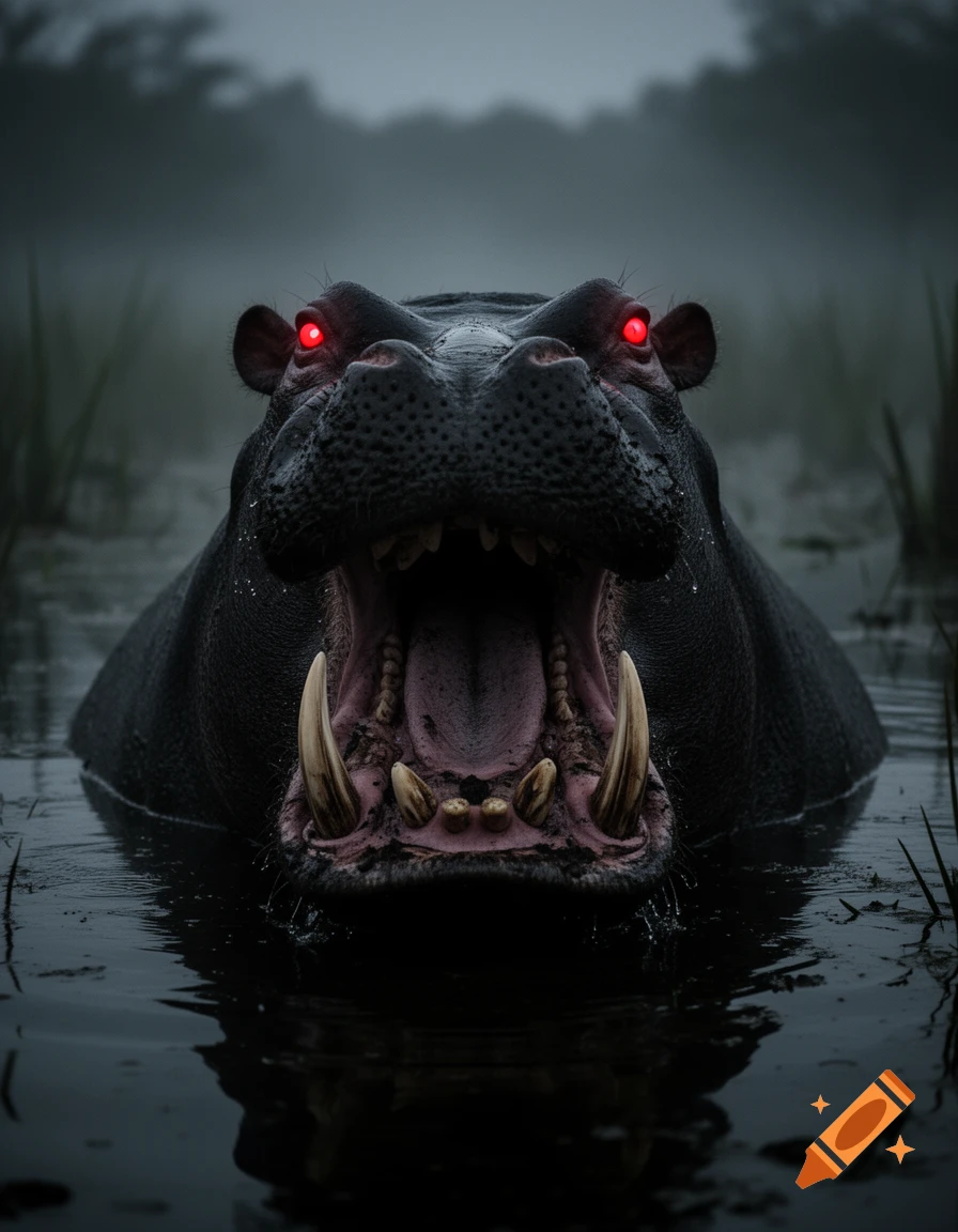 A close-up, dark, photorealistic image of a hippo with glowing red eyes and open mouth showing large tusks, partially submerged in water.