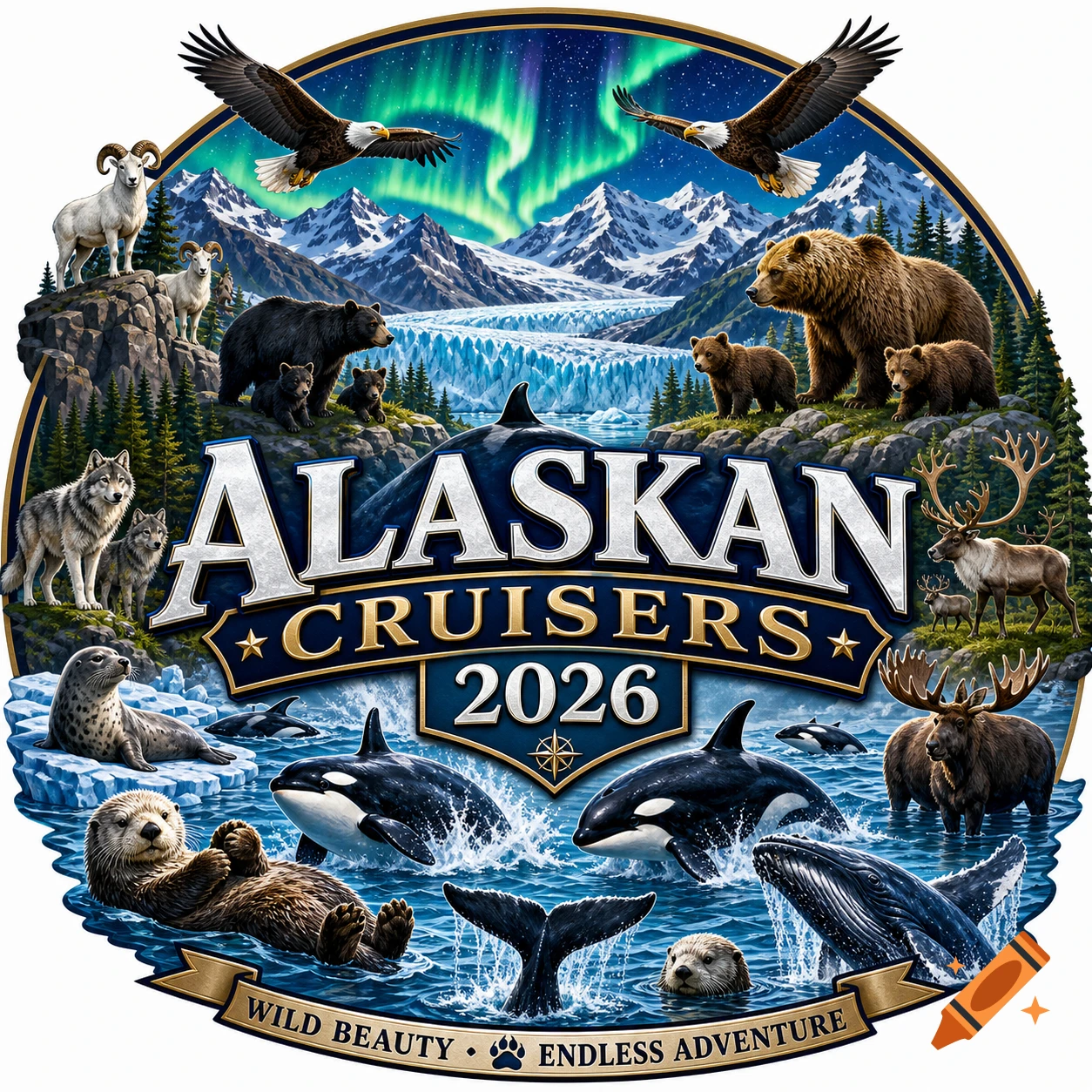 Colorful Alaskan Cruisers 2026 logo with diverse wildlife (bears, eagles, orcas, whales, moose), glaciers, mountains, and Northern Lights. Text: Wild Beauty Endless Adventure.