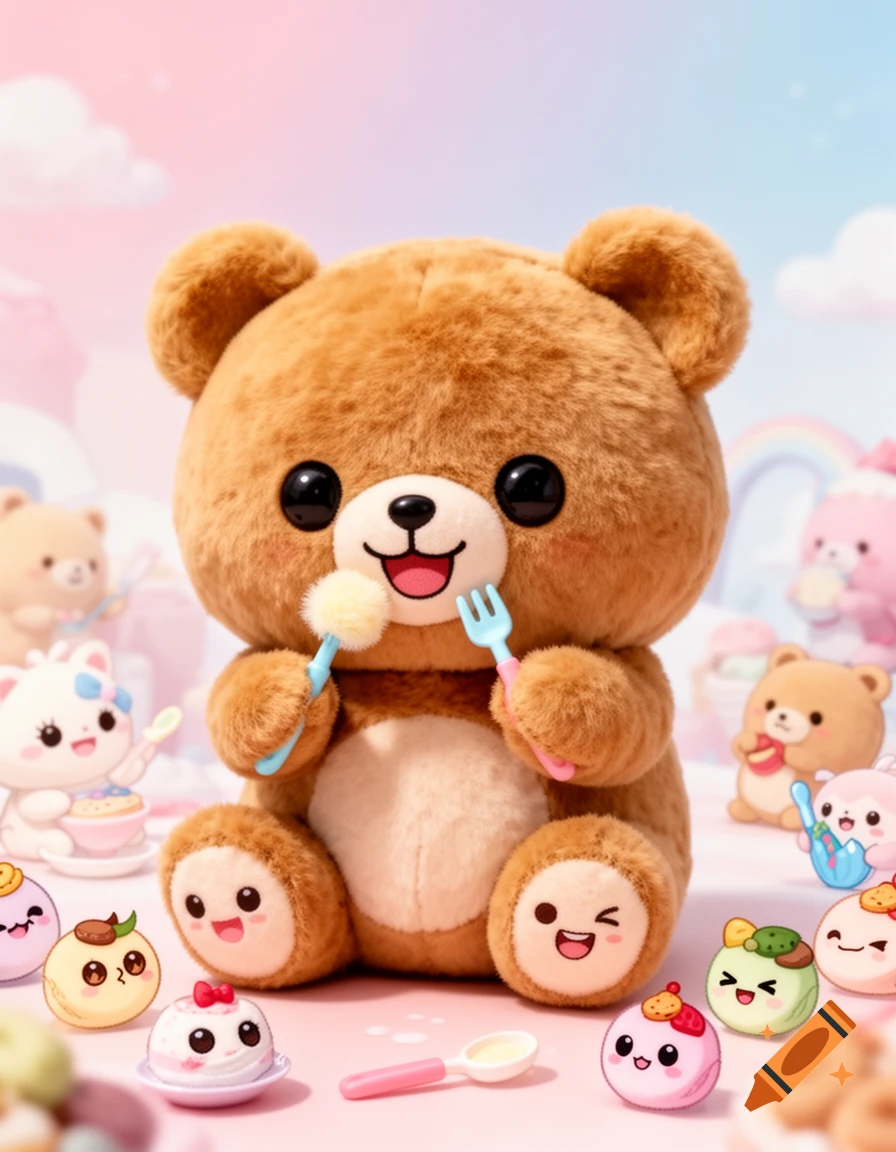 A kawaii brown teddy bear plush holding tiny utensils, surrounded by smiling plush desserts on a pastel background.