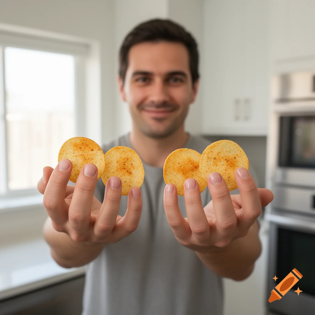 A man holds out his hands in a kitchen, with seasoned potato chips replacing his fingernails.