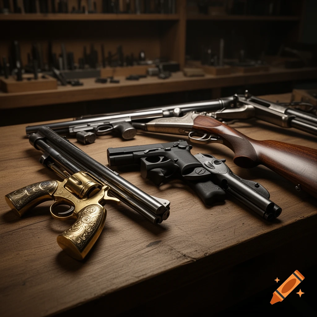A collection of various firearms, including a gold-plated revolver, black pistols, and a rifle, resting on a wooden table in a workshop.