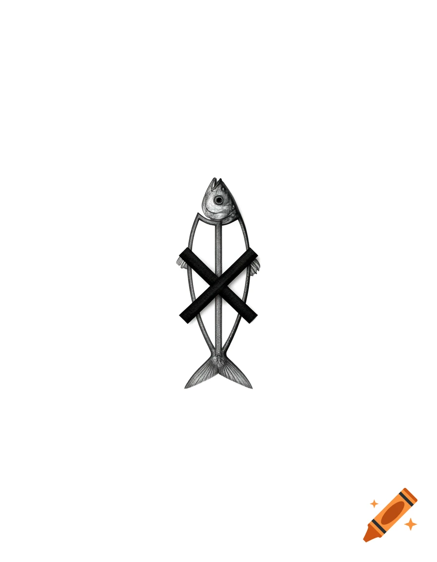 A minimalist, monochromatic drawing of a fish skeleton with two black X's forming its mid-body.