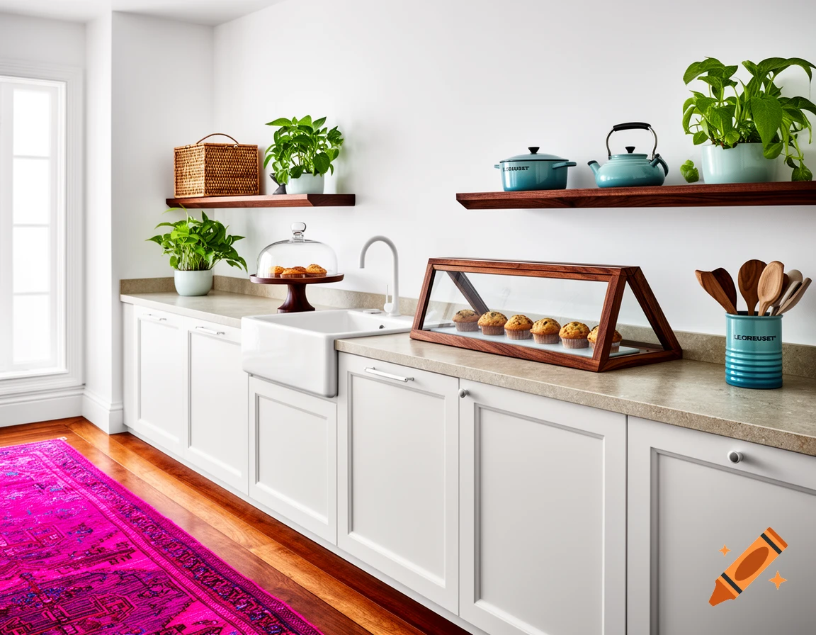 A bright kitchen features white cabinets, a farmhouse sink, a fuchsia oriental rug on a wooden floor, and stone countertops. Teal Le Creuset items, potted plants, a wicker basket, and muffins in a glass display case adorn the space.