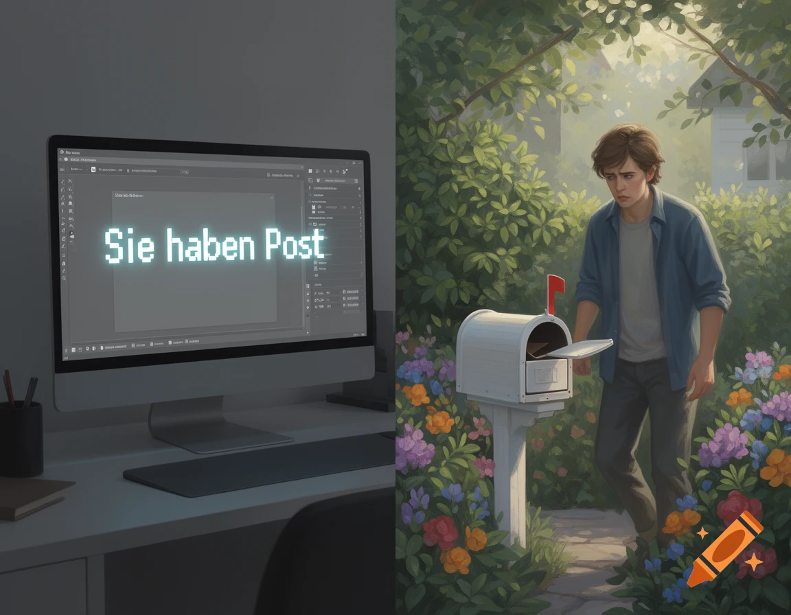 A split image shows a computer with 'Sie haben Post' and a young man checking an empty mailbox in a lush garden, painterly.