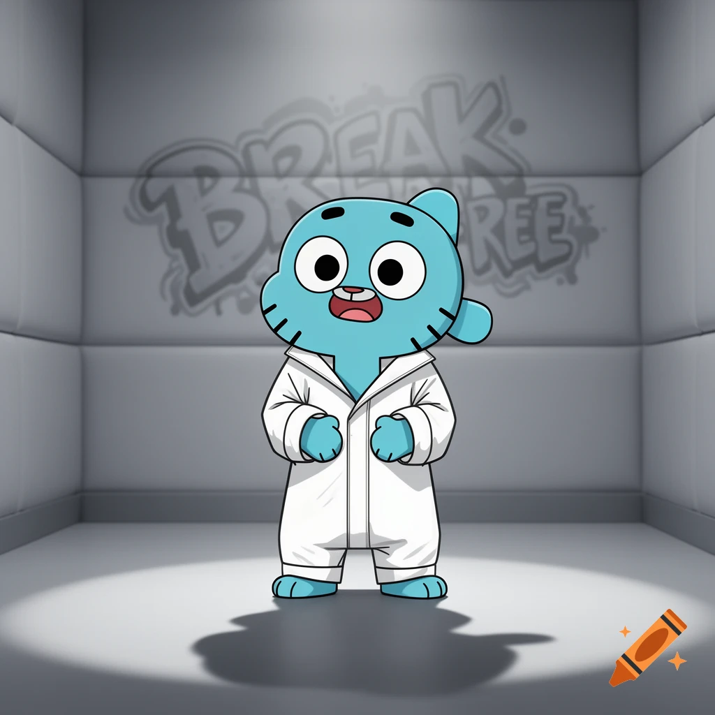 Blue cartoon character Gumball in a white straightjacket in a padded cell with 'BREAK FREE' graffiti on the wall.