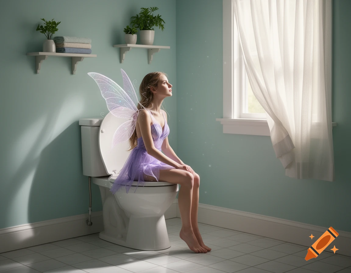 A photorealistic adult fairy with translucent wings in a purple dress sits on a toilet in a light blue bathroom.