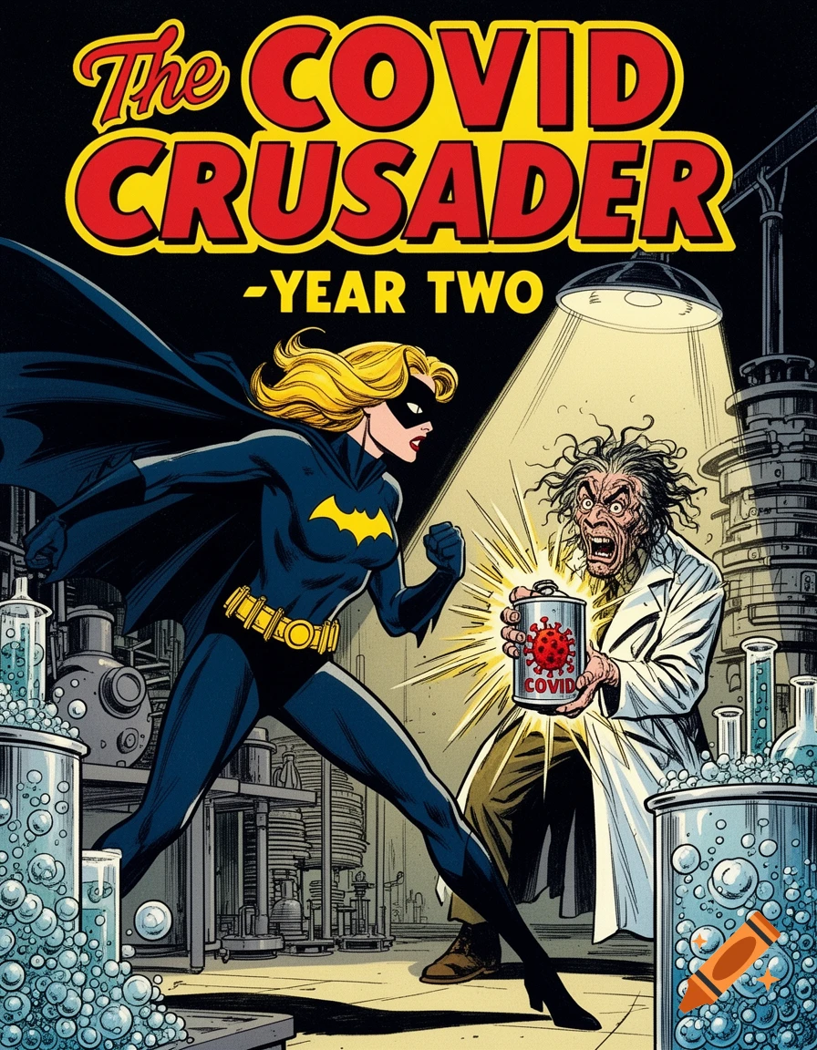 Vintage comic cover: The Covid Crusader - Year Two. A blonde superhero confronts a mad scientist holding a COVID virus canister in a lab.