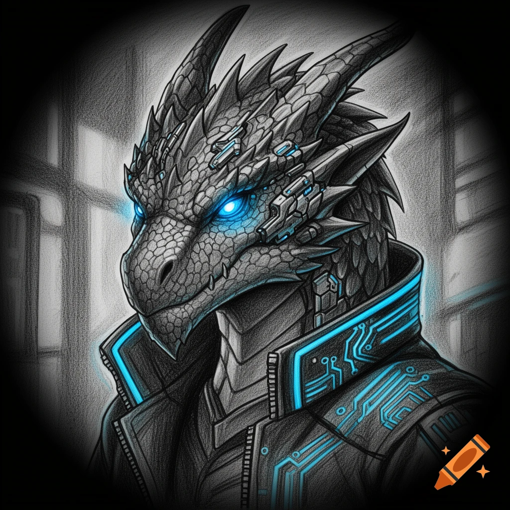 Charcoal drawing of a cyberpunk anthropomorphic dragon with glowing blue eyes and circuit board patterns on its head and jacket.
