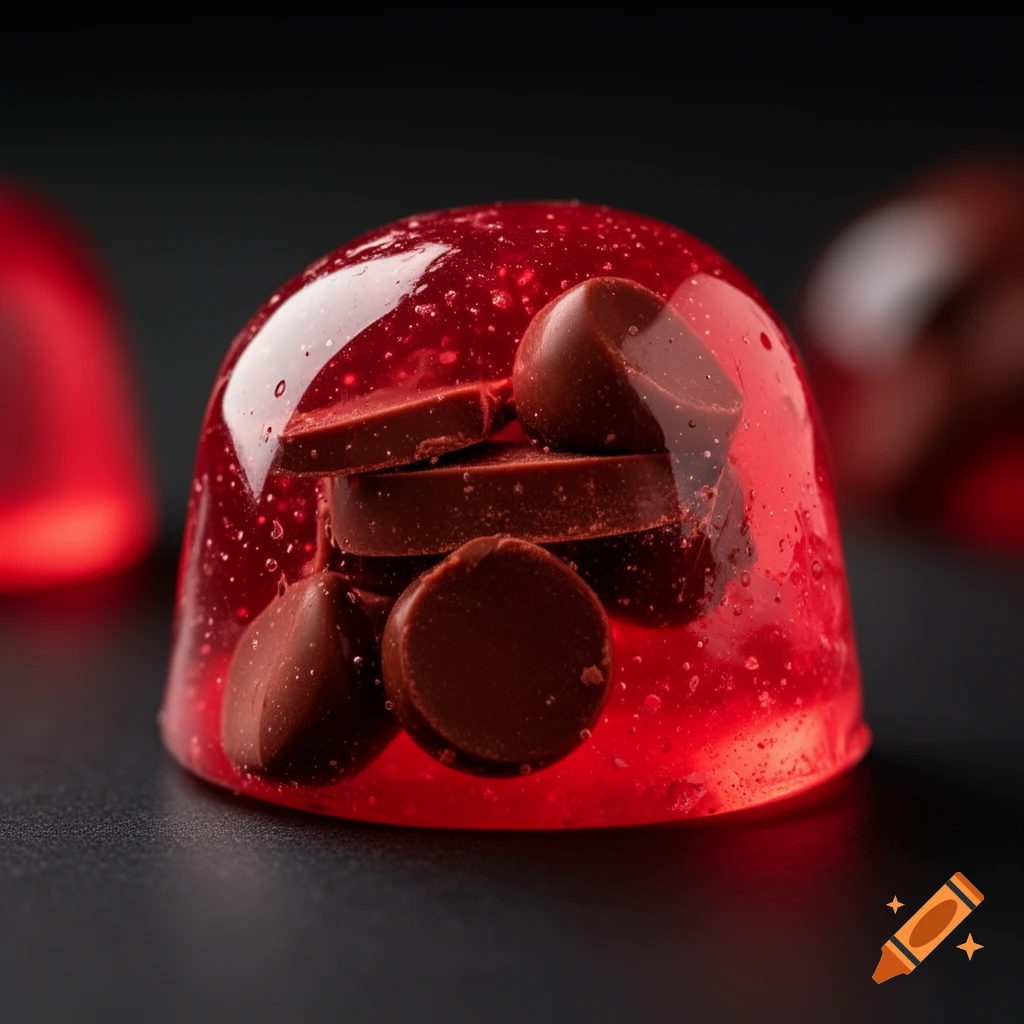 Close-up of a vibrant red jelly-like candy, containing various dark chocolate pieces, set against a dark background.