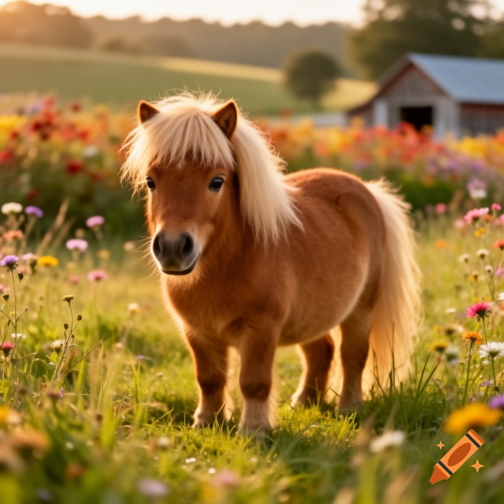 A cute brown pony with a blonde mane stands in a vibrant green field filled with colorful wildflowers at sunset, with a barn in the background.