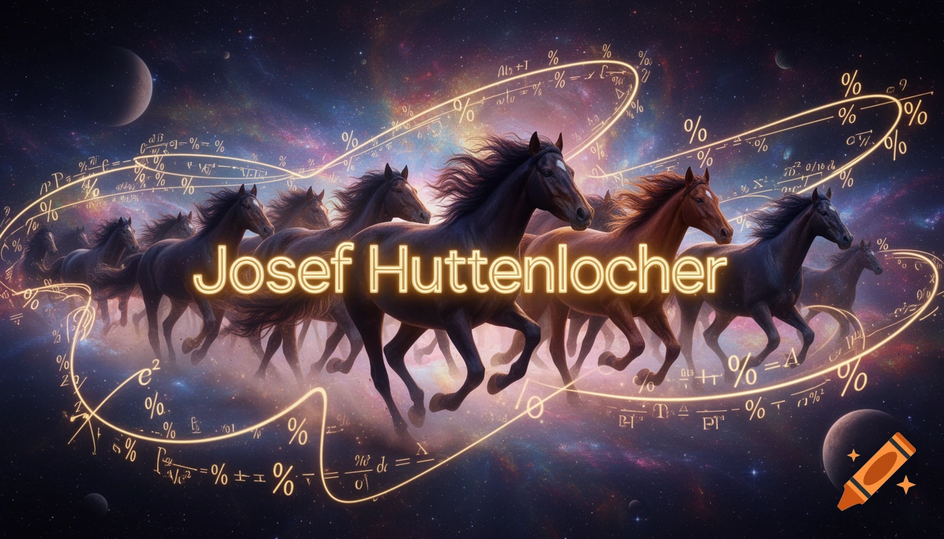 Majestic wild horses run through a colorful galaxy with glowing math formulas and the name Josef Huttenlocher.
