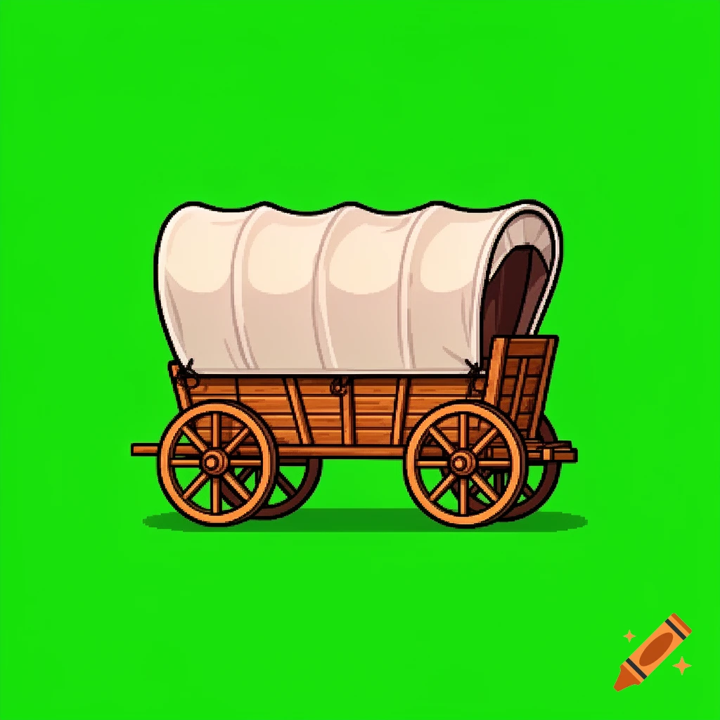 A cartoon illustration of a Conestoga wagon with a white canvas top and wooden base, on a solid green background.