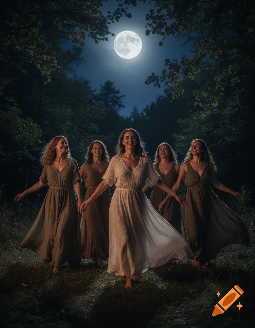 Five women in flowing dresses walk through a dark, moonlit forest at night.
