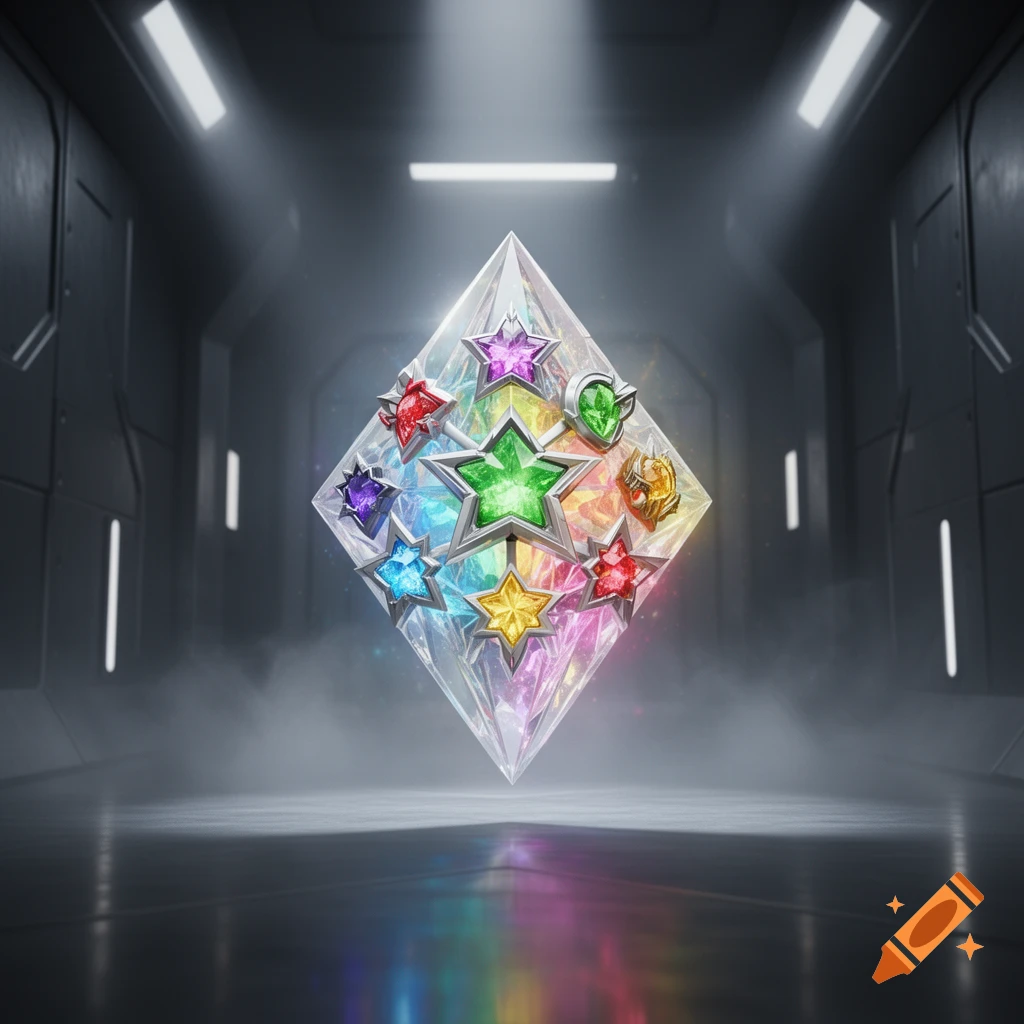 A glowing, rhombus-shaped crystal prism containing colorful star-shaped gems floats in a dark, futuristic corridor with bright lighting.