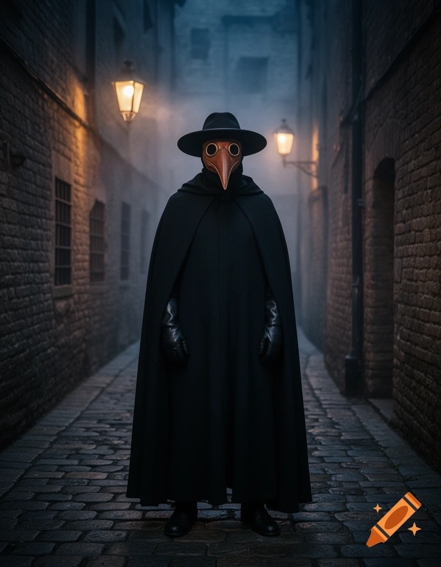 A photorealistic plague doctor in a black cape, hat, and long-beaked mask stands centered in a dimly lit, foggy cobblestone alley with brick buildings and gas lamps.