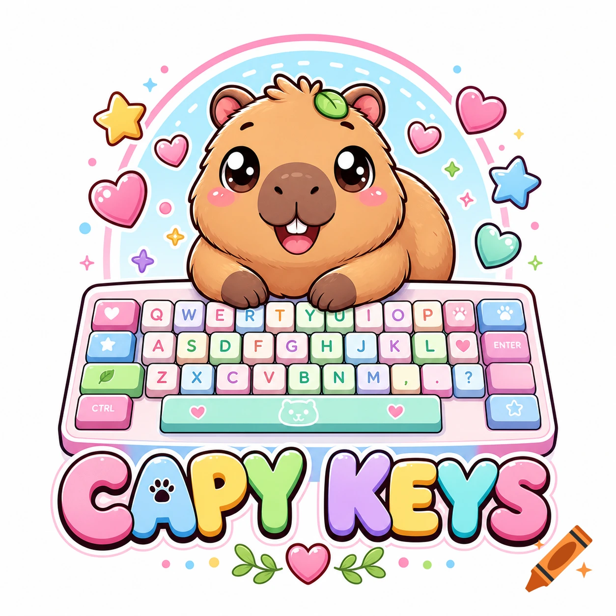 A cute cartoon capybara character sits on a pastel-colored keyboard. The text "CAPY KEYS" is below, surrounded by hearts and stars.