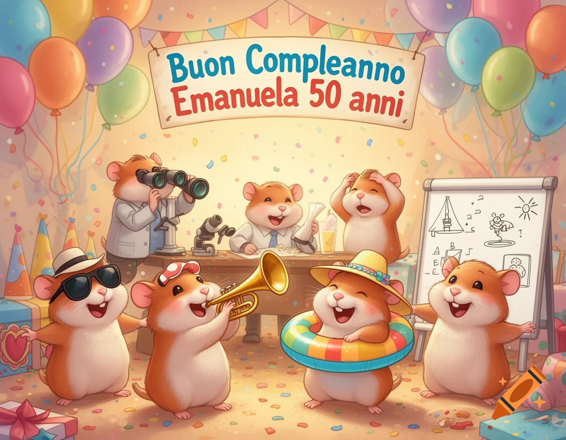 Cartoon hamsters celebrate a birthday party, with colorful balloons, confetti, gifts, and a banner reading "Buon Compleanno Emanuela 50 anni".