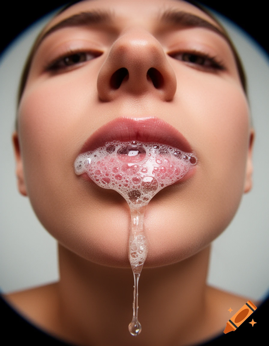 Close-up of a person's mouth with foamy drool dripping from the lower lip, viewed through a fisheye lens.