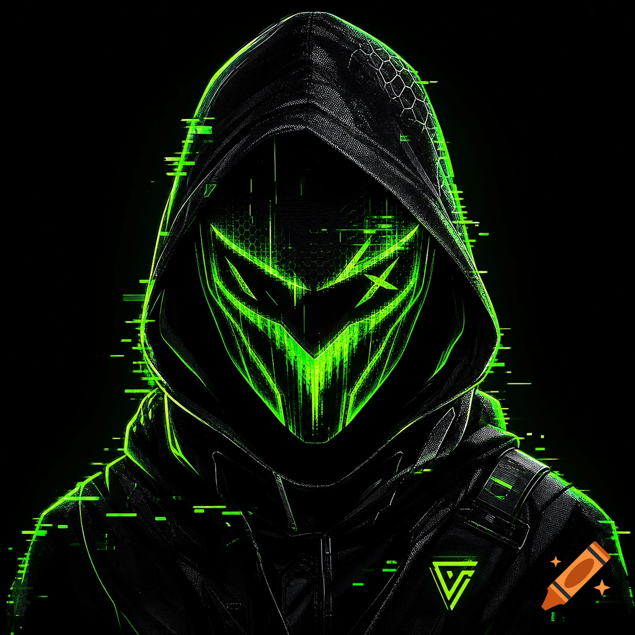 A mysterious character in a dark hoodie with a glowing neon green glitch mask and triangular chest logo, in a cyberpunk style.