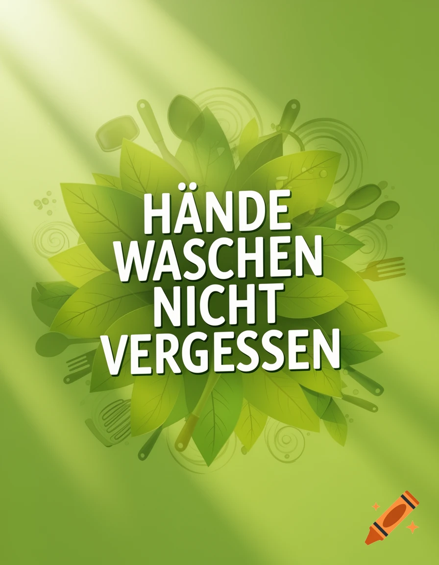 A vibrant green graphic poster with a leafy design and faint kitchen utensils, featuring white text 'HÄNDE WASCHEN NICHT VERGESSEN' (Don't forget to wash hands).