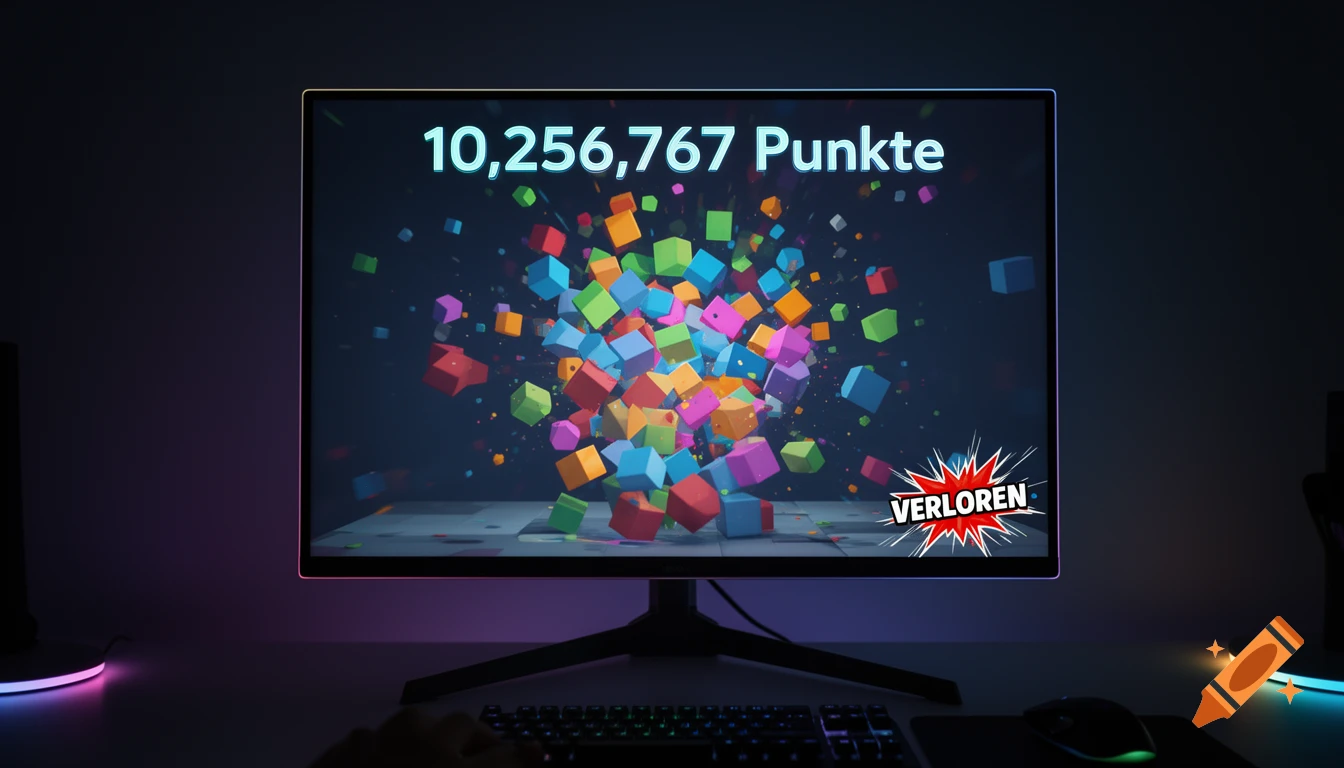A computer monitor displays a game over screen with a score of 10,256,767 points and 'VERLOREN', surrounded by colorful exploding blocks. The desk features RGB lighting, a keyboard, and a mouse.