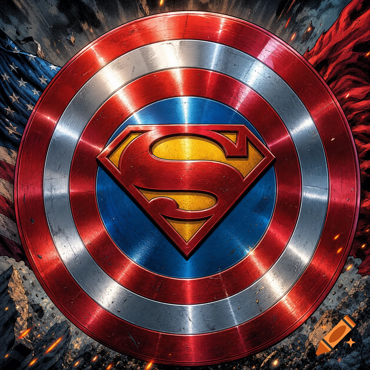A circular superhero shield combining Captain America's concentric rings with Superman's 'S' logo in the center, rendered in a comic book style.