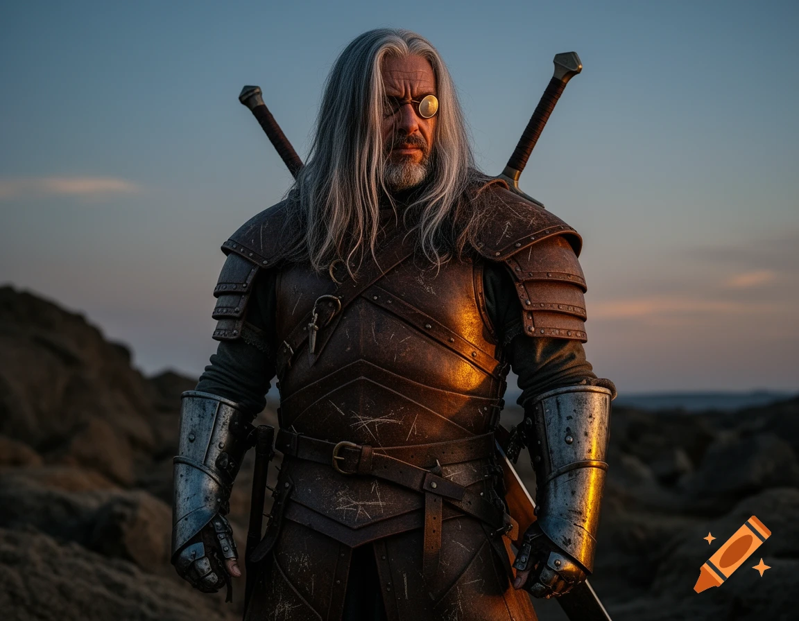 A photorealistic image of an old warrior with long grey hair, a monocle, and weathered leather armor, with swords on his back, against a sunset sky.