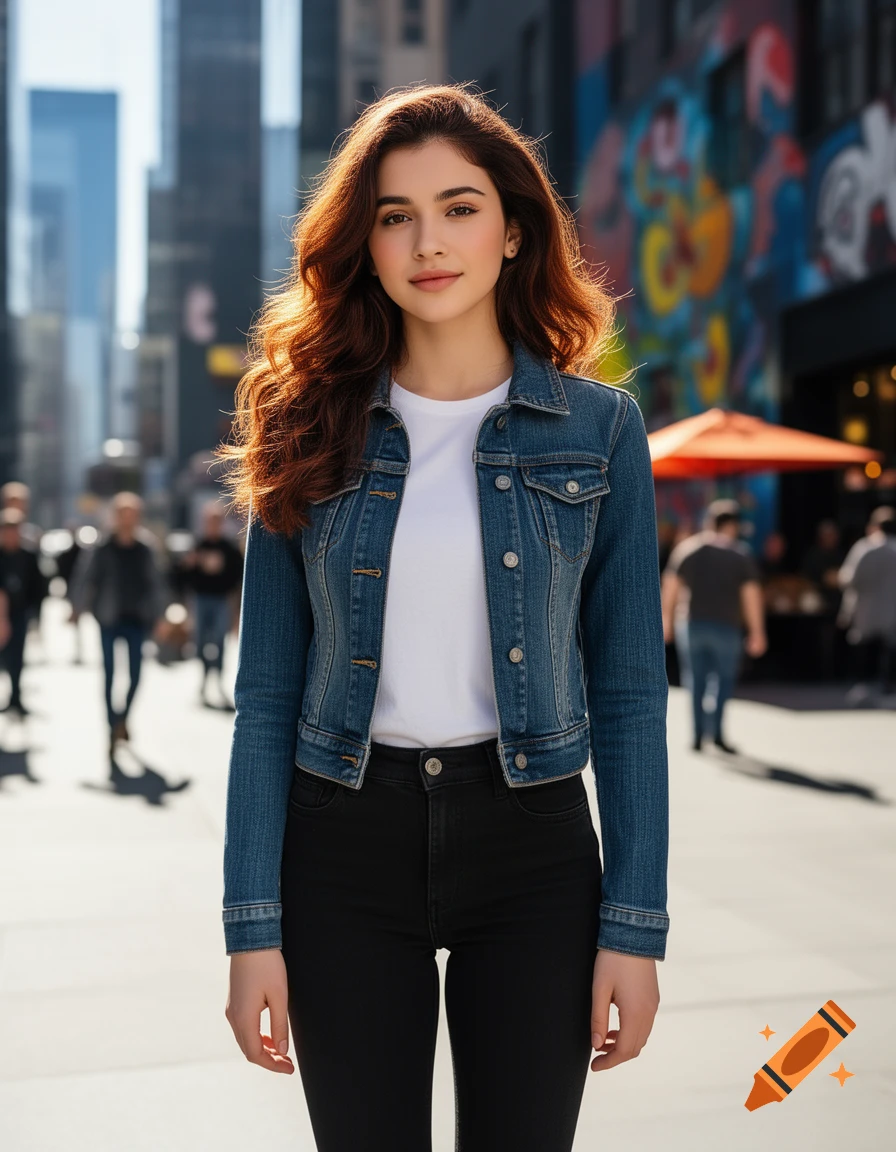 Photorealistic portrait of a young woman in a denim jacket and black jeans, standing on a sunny city street.