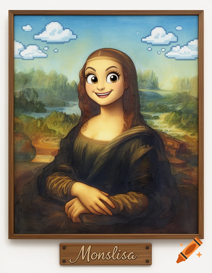A stylized Mona Lisa with an emoji-like face, pixelated clouds, and a landscape background in a wooden frame. A plaque reads "Monslisa".