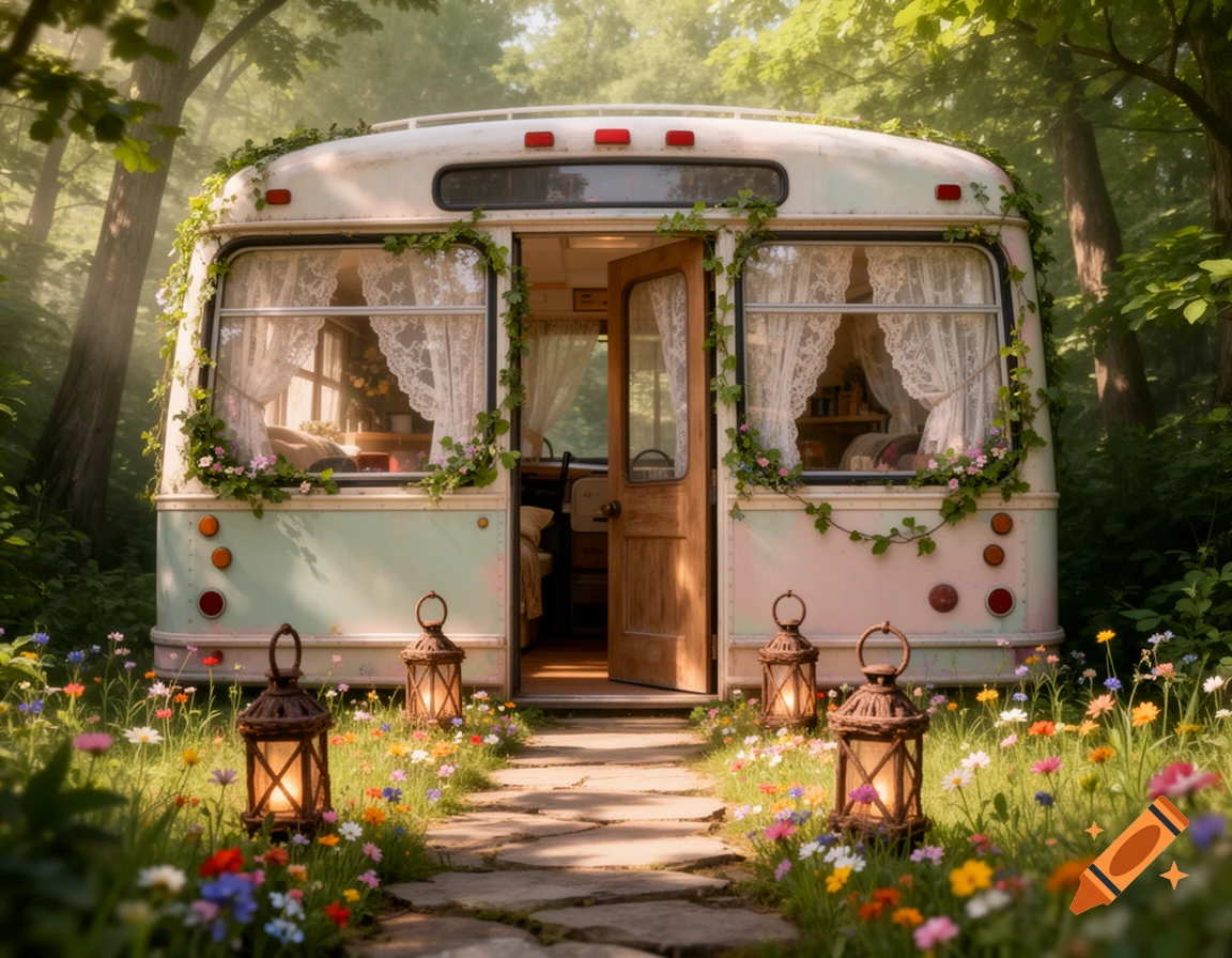 A charming cottagecore bus house nestled in a lush, sun-dappled forest, surrounded by wild flowers and lanterns.