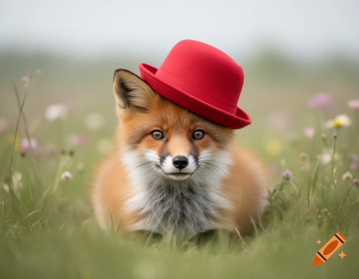 A cute, fluffy fox wearing a red bowler hat sits in a grassy field, looking directly at the viewer.