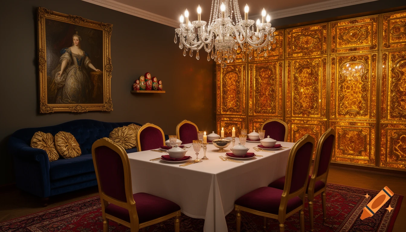 Photorealistic interior of an opulent dining room with a crystal chandelier, an elaborately set table, a blue velvet couch, and glowing golden Amber Room panels.