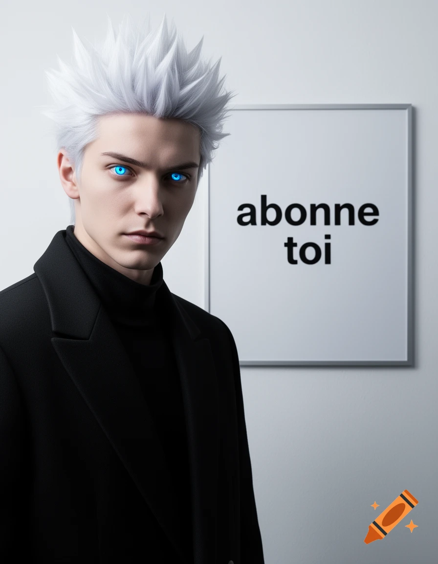Anime-style portrait of a man with spiky white hair and glowing blue eyes, wearing a black coat, standing by a whiteboard with "abonne toi".